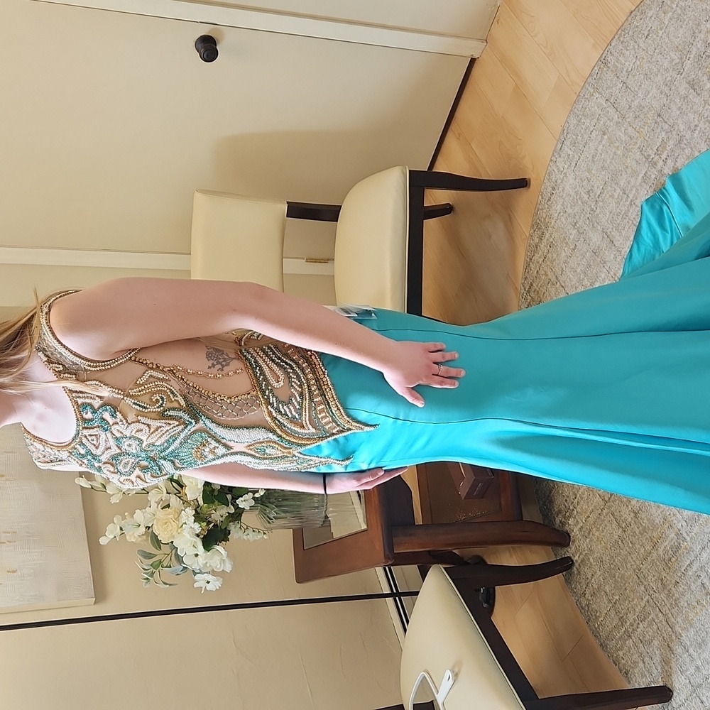 NWT size 4 gold & turquoise prom/pageant/evening gown by Vienna Prom